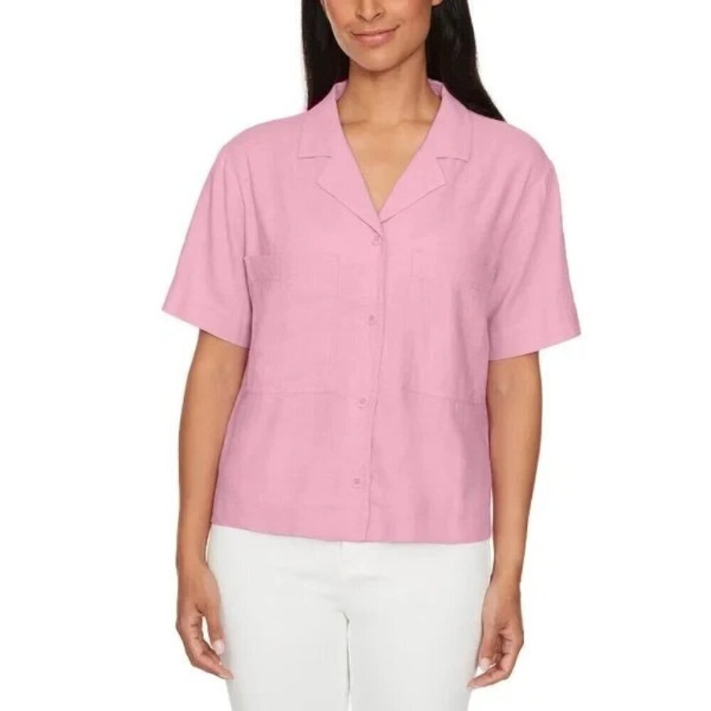 Nwot Buffalo David Bitton Women's S Pink Linen-Viscose Short Sleeve Button Shirt